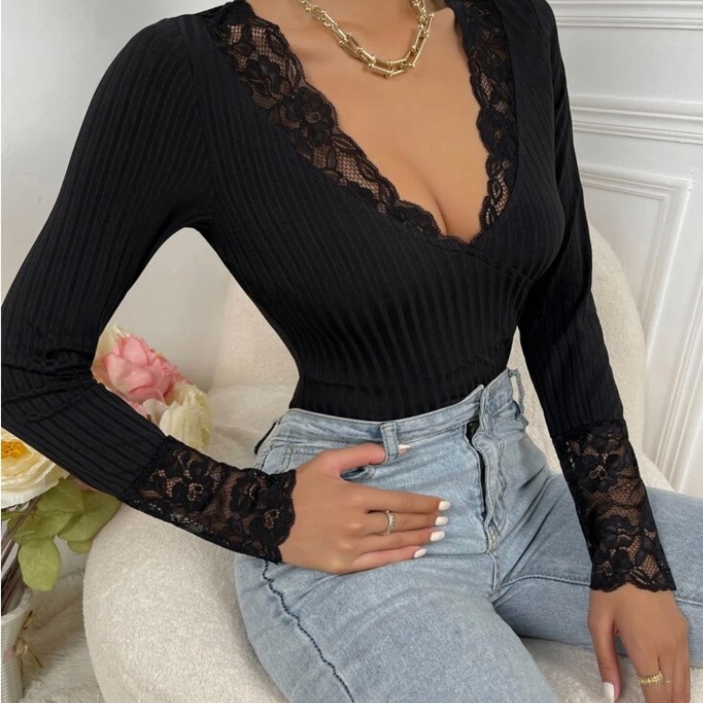 NWOT Shein Sexy Plunge V-Neck Ribbed Black Blouse